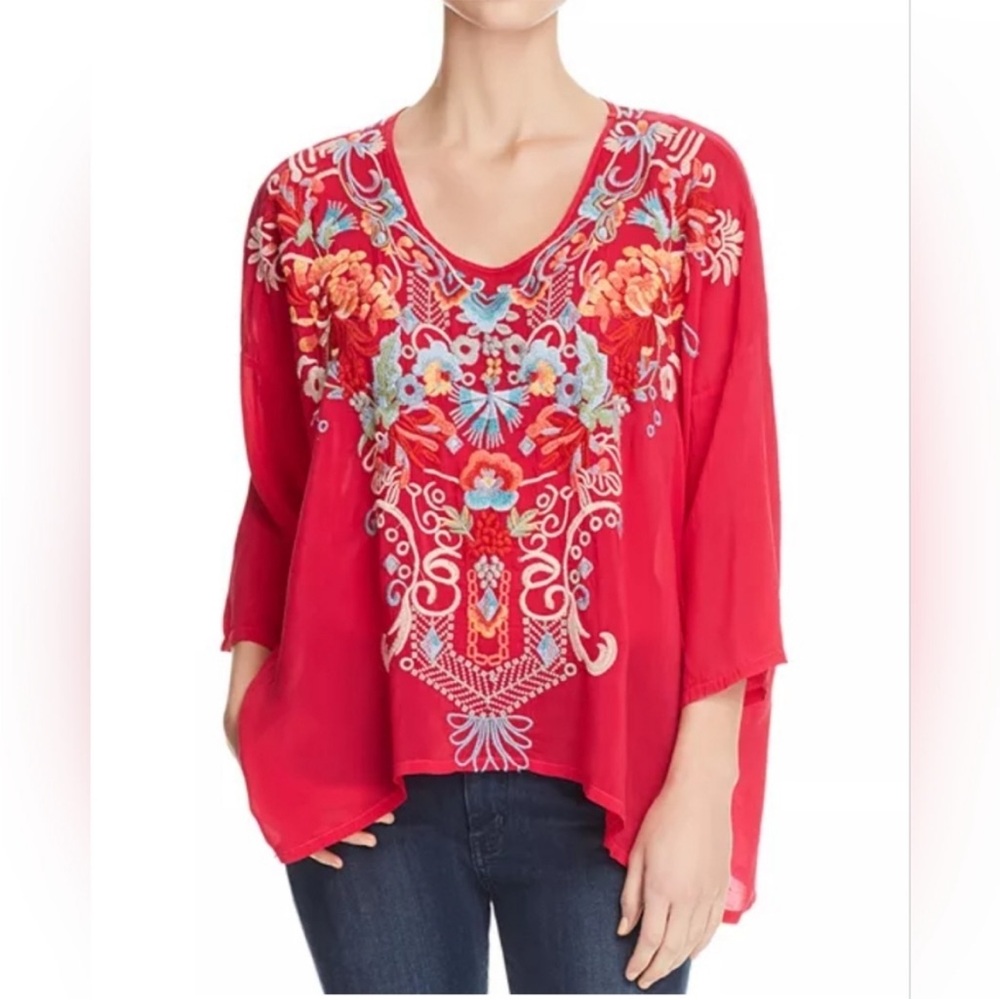 Johnny Was Valerie Embroidered‎ Boho Blouse Pomegranate Medium NWOT